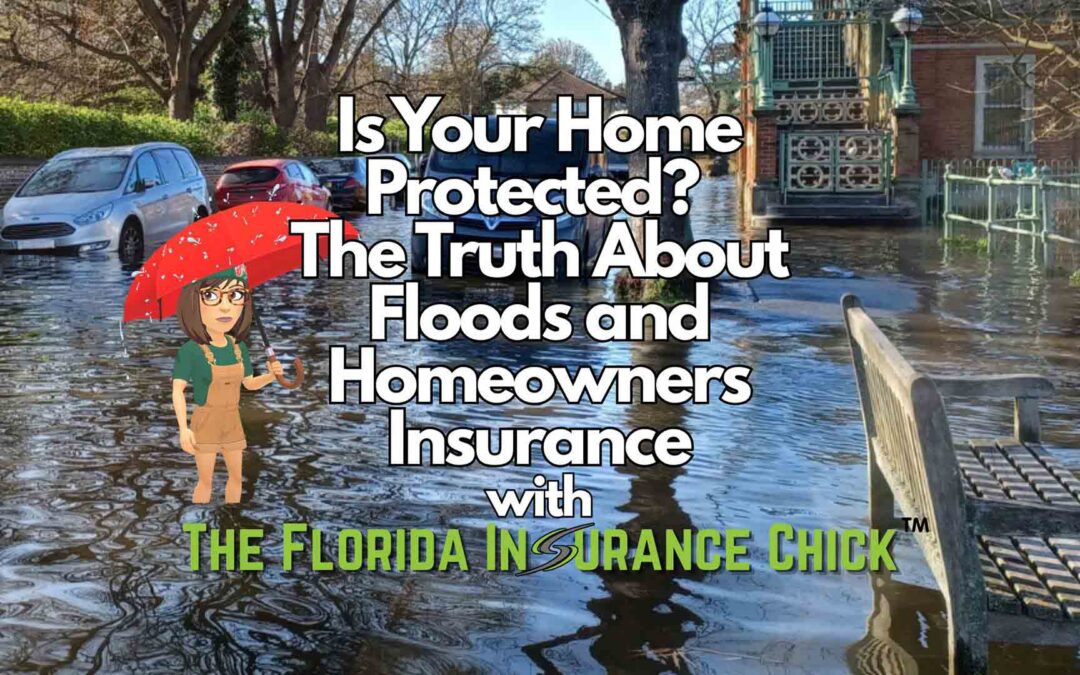 An image showing a residential street and park area heavily flooded with water, with a park bench and several cars, including a silver Ford, partially submerged. On the left, a cartoon avatar of a woman holding a red umbrella is overlaid. Large, bold text centered on the image reads, "Is Your Home Protected? The Truth About Floods and Homeowners Insurance with THE FLORIDA INSURANCE CHICK™." - https://floridainschick.com/